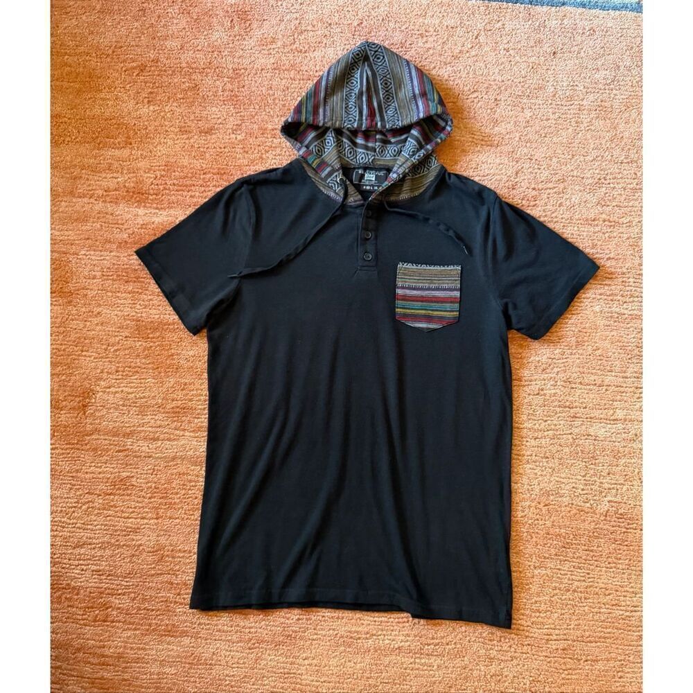 Beautiful Giant Black Hoodie T-Shirt Tribal Hood Pocket Tee Men Size M